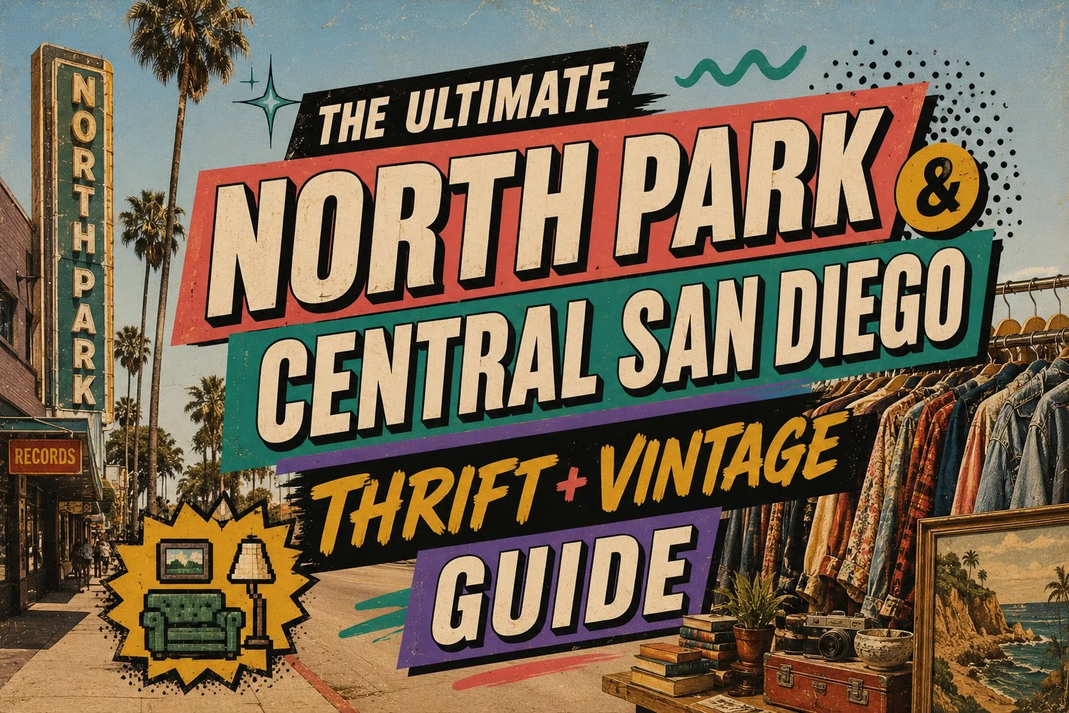 Watercolor scene of North Park Way in San Diego with vintage boutiques, record crates, clothing racks, and palm trees.