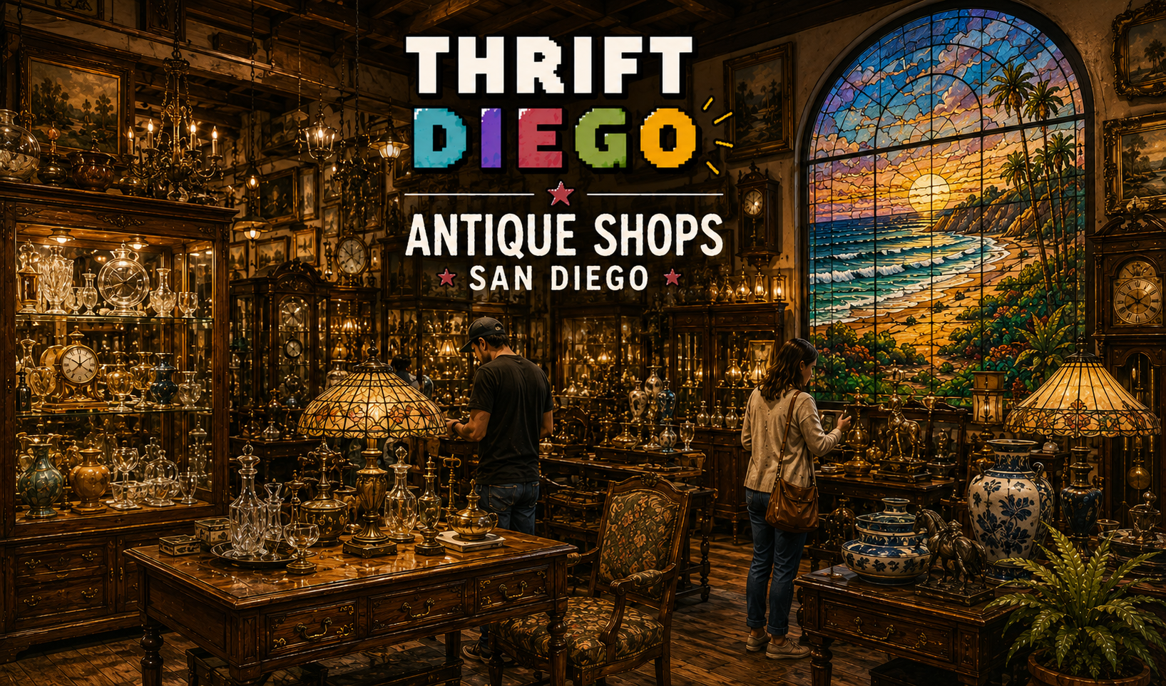 Antique shops in San Diego — rich interior filled with clocks, lamps, and collectibles