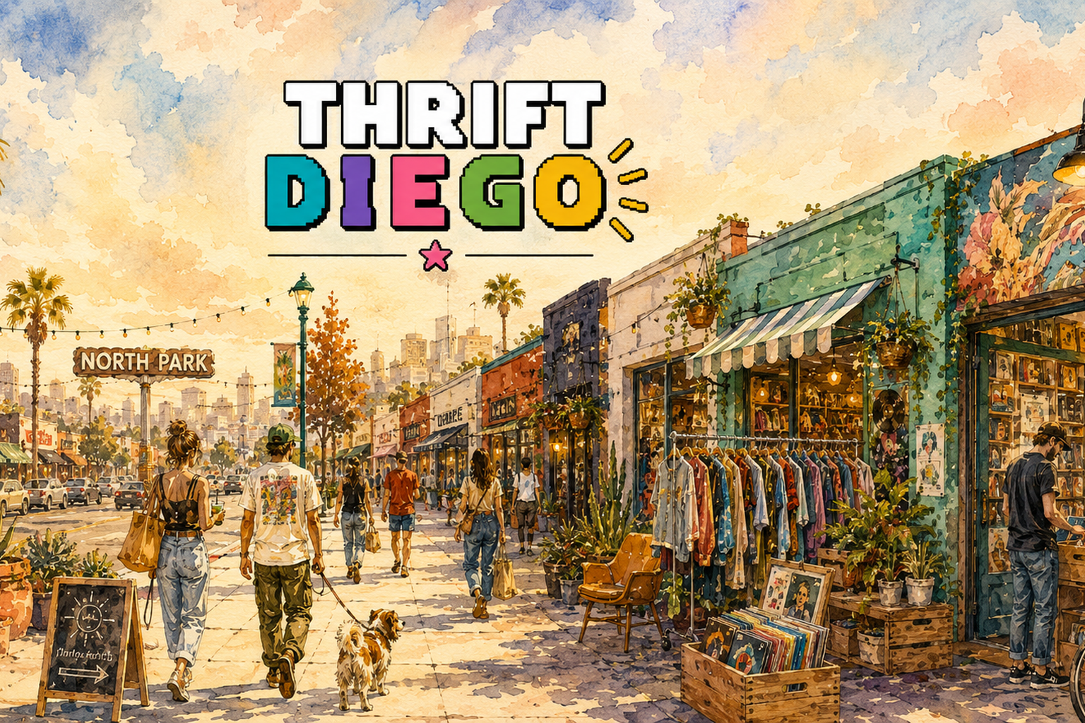 Watercolor scene of North Park Way in San Diego with vintage boutiques, record crates, clothing racks, and palm trees.