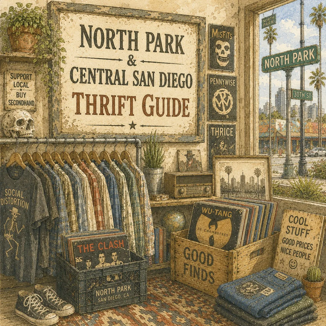 Watercolor scene of North Park Way in San Diego with vintage boutiques, record crates, clothing racks, and palm trees.