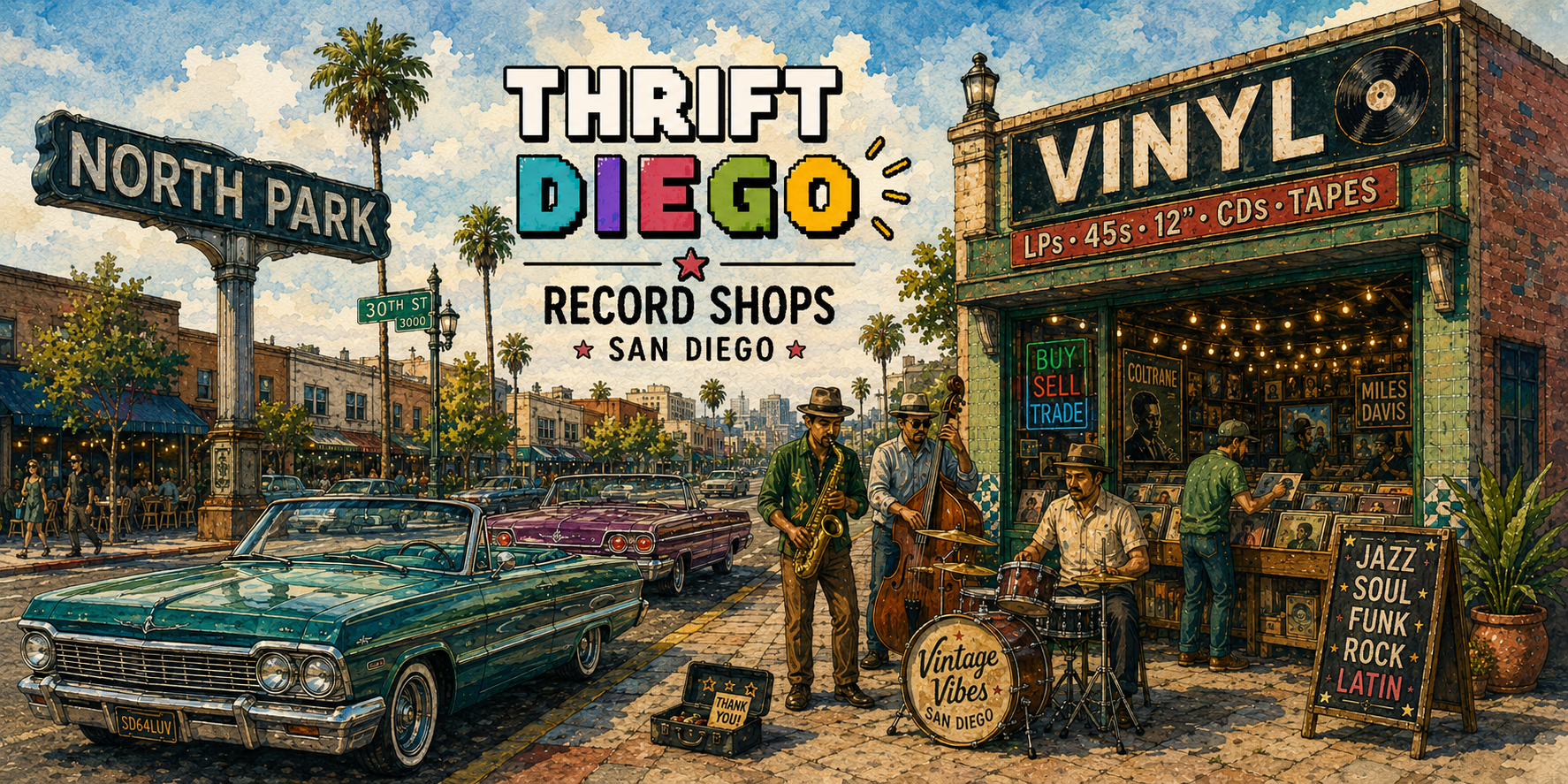 Vinyl record stores in San Diego — North Park street scene with jazz musicians and record shop
