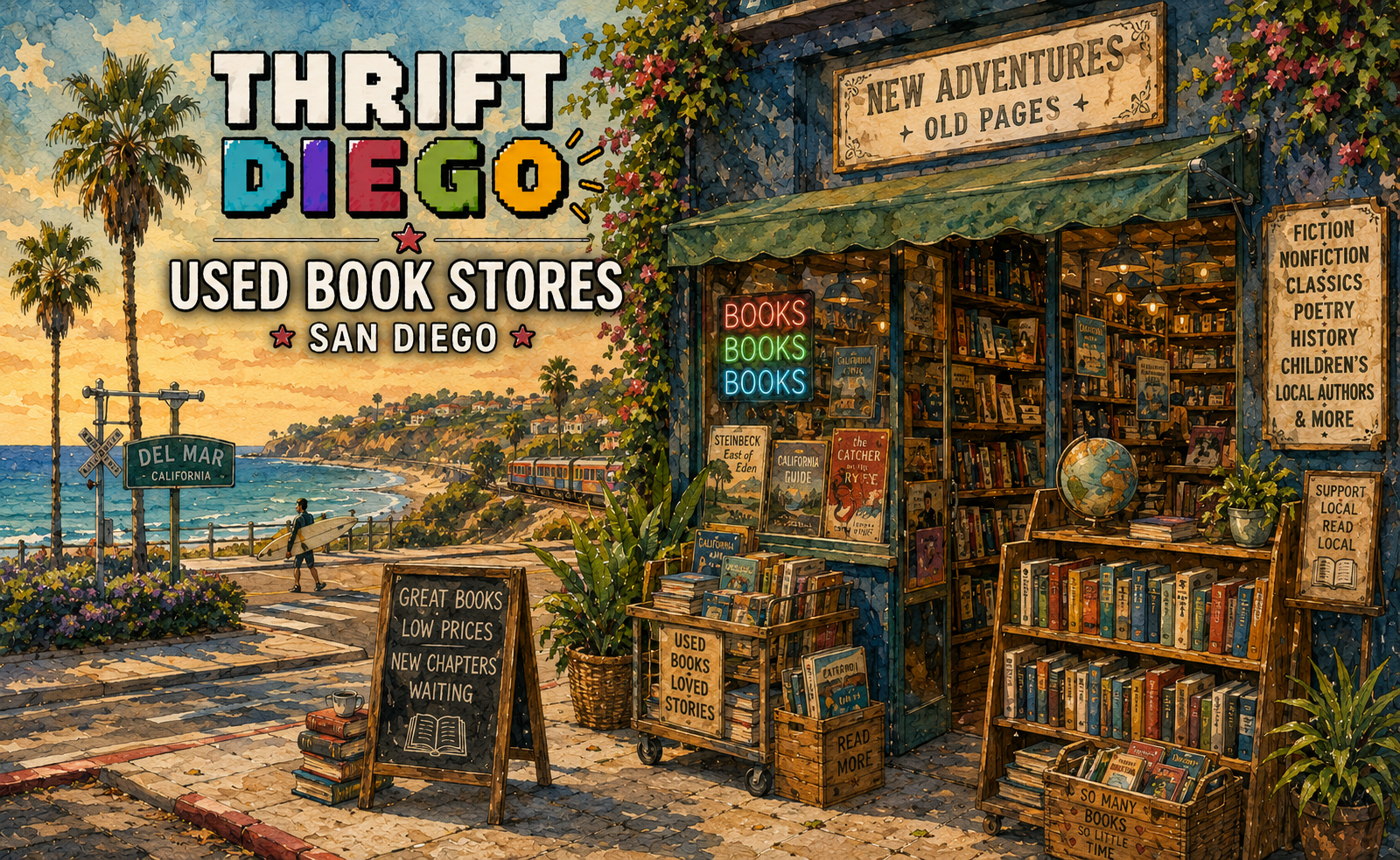 Pixel art illustration of used bookstores in San Diego County