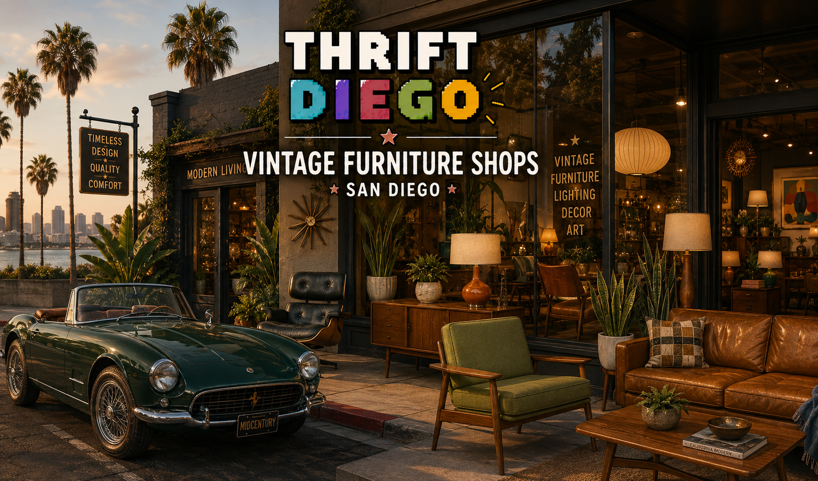 Vintage furniture shops in San Diego — mid-century modern storefront with classic car at dusk